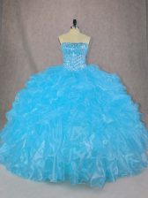 Sophisticated Blue Organza Lace Up 15 Quinceanera Dress Sleeveless Floor Length Beading and Ruffles