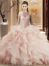 Sweet Pink Lace Up Quinceanera Dress Beading and Ruffles Sleeveless Brush Train