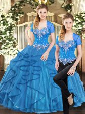  Blue Two Pieces Tulle Sweetheart Sleeveless Beading and Ruffles Floor Length Lace Up 15th Birthday Dress