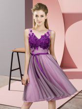 Unique Sleeveless Lace Up Knee Length Appliques Quinceanera Dama Dress