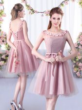  Pink A-line Tulle Scoop Sleeveless Appliques and Belt Knee Length Lace Up Court Dresses for Sweet 16