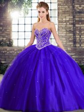  Blue Lace Up Quinceanera Gown Beading Sleeveless Brush Train