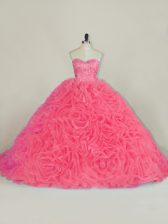  Red Ball Gowns Fabric With Rolling Flowers Halter Top Sleeveless Beading and Ruffles Lace Up Quinceanera Gown Court Train