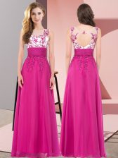 Pretty Fuchsia Empire Scoop Sleeveless Chiffon Floor Length Backless Appliques Quinceanera Court of Honor Dress