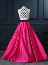  Hot Pink Satin Lace Up Scoop Sleeveless Floor Length Evening Dress Ruching
