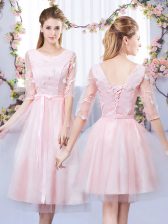  Tulle Scoop Half Sleeves Lace Up Lace and Belt Dama Dress in Baby Pink