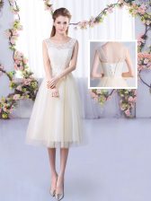  Champagne Empire Scoop Sleeveless Tulle Tea Length Lace Up Lace Damas Dress
