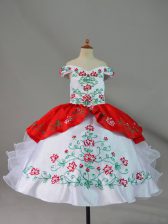 Pretty White And Red Sleeveless Floor Length Embroidery and Ruffles Lace Up Little Girls Pageant Dress