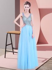  Sleeveless Floor Length Beading Zipper Prom Dresses with Baby Blue