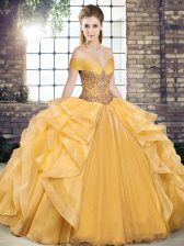 Simple Organza Off The Shoulder Sleeveless Lace Up Beading and Ruffles Vestidos de Quinceanera in Gold