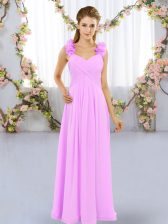 Latest Lilac Chiffon Lace Up Dama Dress Sleeveless Floor Length Hand Made Flower