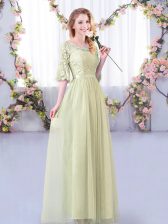 Attractive Lace and Belt Dama Dress for Quinceanera Yellow Green Side Zipper Half Sleeves Floor Length
