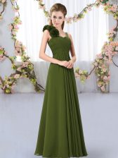 Designer Sleeveless Floor Length Hand Made Flower Lace Up Quinceanera Dama Dress with Olive Green