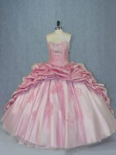 New Style Pink Tulle Lace Up Quince Ball Gowns Sleeveless Brush Train Beading and Appliques and Pick Ups