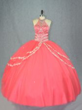 Best Watermelon Red Ball Gowns Beading and Ruffles Sweet 16 Dresses Lace Up Tulle Sleeveless Floor Length