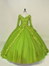 Wonderful Tulle V-neck Long Sleeves Side Zipper Lace and Appliques Quinceanera Dresses in Olive Green