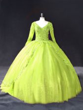 Fabulous Yellow Green Long Sleeves Lace and Appliques Floor Length Quince Ball Gowns