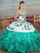  Sleeveless Organza Floor Length Lace Up Sweet 16 Quinceanera Dress in Turquoise with Embroidery and Ruffles and Bowknot