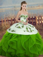 Cute Sweetheart Sleeveless Tulle Quince Ball Gowns Embroidery and Ruffles and Bowknot Lace Up