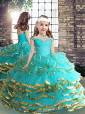 Cheap Aqua Blue Sleeveless Beading and Ruching Floor Length Girls Pageant Dresses