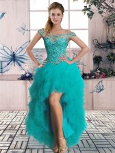 Deluxe Turquoise Lace Up Beading and Ruffles Sleeveless High Low