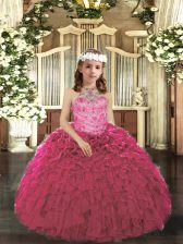 Pretty Hot Pink Ball Gowns Beading and Ruffles Little Girls Pageant Gowns Lace Up Tulle Sleeveless Floor Length