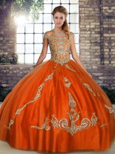 High Quality Orange Red Lace Up Off The Shoulder Beading and Embroidery Sweet 16 Dresses Tulle Sleeveless