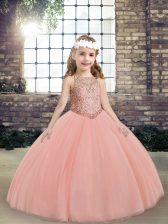  Beading High School Pageant Dress Peach Lace Up Sleeveless Floor Length
