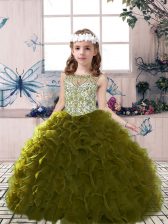 Stunning Olive Green Ball Gowns Beading and Ruffles Pageant Dress Wholesale Lace Up Tulle Sleeveless Floor Length
