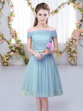 Exceptional Short Sleeves Knee Length Belt Lace Up Dama Dress with Blue