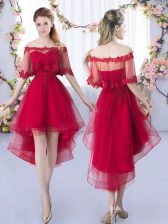 Sweet Wine Red Sleeveless Tulle Lace Up Dama Dress for Wedding Party