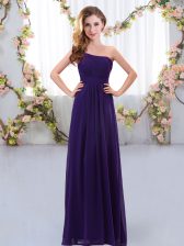 High Class Purple Empire One Shoulder Sleeveless Chiffon Floor Length Zipper Ruching Vestidos de Damas