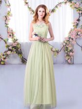 Designer Yellow Green Empire Scoop Sleeveless Tulle Floor Length Side Zipper Lace and Belt Vestidos de Damas