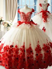 Discount Sleeveless Tulle Brush Train Zipper 15 Quinceanera Dress in Red with Hand Made Flower