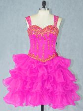  Fuchsia Lace Up Homecoming Dress Beading and Ruffled Layers Sleeveless Mini Length
