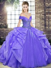 Nice Off The Shoulder Sleeveless Lace Up Ball Gown Prom Dress Lavender Organza