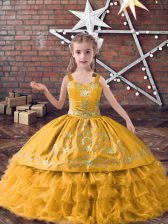  Gold Ball Gowns Straps Sleeveless Satin and Organza Floor Length Lace Up Embroidery and Ruffled Layers Pageant Dress