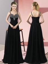  Floor Length Black Homecoming Dress Chiffon Sleeveless Beading