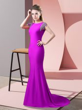  Elastic Woven Satin High-neck Short Sleeves Brush Train Backless Beading Prom Dresses in Fuchsia