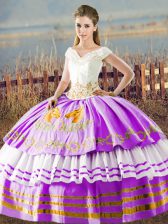  Lilac Sleeveless Floor Length Embroidery and Ruffled Layers Lace Up Quinceanera Gown