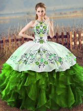 Exceptional Green Ball Gowns Embroidery and Ruffles Quince Ball Gowns Lace Up Sleeveless Floor Length