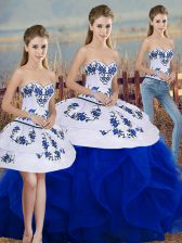  Sleeveless Floor Length Embroidery and Ruffles and Bowknot Lace Up Quinceanera Dresses with Royal Blue
