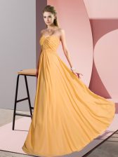  Sleeveless Chiffon Floor Length Lace Up Prom Gown in Gold with Ruching