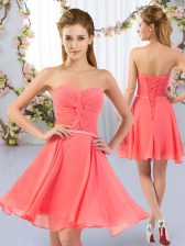  Chiffon Sweetheart Sleeveless Lace Up Ruching Quinceanera Court of Honor Dress in Watermelon Red