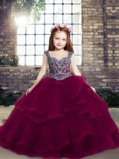 Wonderful Fuchsia Straps Lace Up Beading and Ruffles Pageant Dress Sleeveless