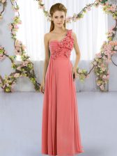Discount Watermelon Red Lace Up Quinceanera Court of Honor Dress Hand Made Flower Sleeveless Floor Length
