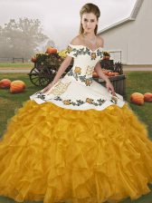 Elegant Gold Organza Lace Up Vestidos de Quinceanera Sleeveless Floor Length Embroidery and Ruffles