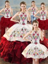  Floor Length White And Red Quinceanera Gowns Organza Sleeveless Embroidery and Ruffles