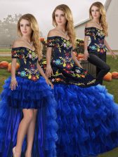 Colorful Embroidery and Ruffled Layers Quinceanera Dresses Blue And Black Lace Up Sleeveless Floor Length
