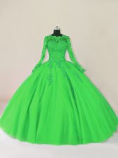  Green Scalloped Neckline Lace Quinceanera Gowns Long Sleeves Zipper
